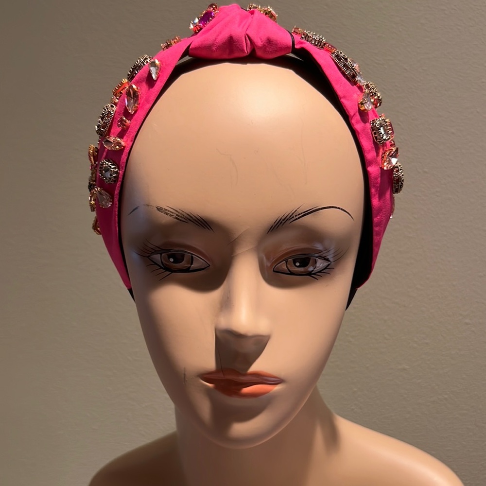 Satin Headband Cotton In Pink And Black With Pink Burgundy And Clear Rhinestones